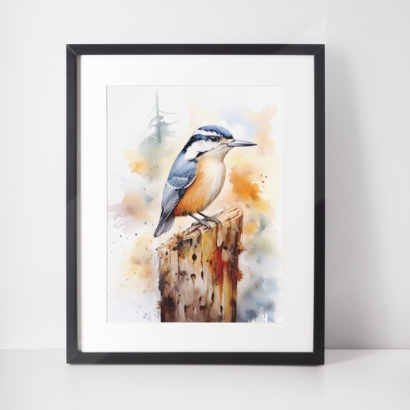Red-breasted Nuthatch Bird Wall Art Watercolor Illustration Print Unframed - Picture 2 of 5